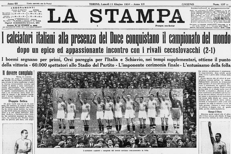 Prima pagina de La Stampa vittoria Italia ai mondiali di calcio 1934